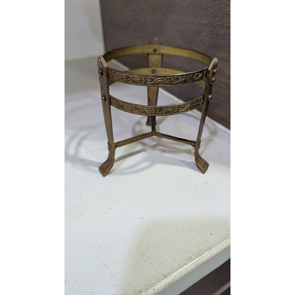 Vintage Ornate Brass Tripod Stand Floral Relief Paw Feet Decorative Display Base